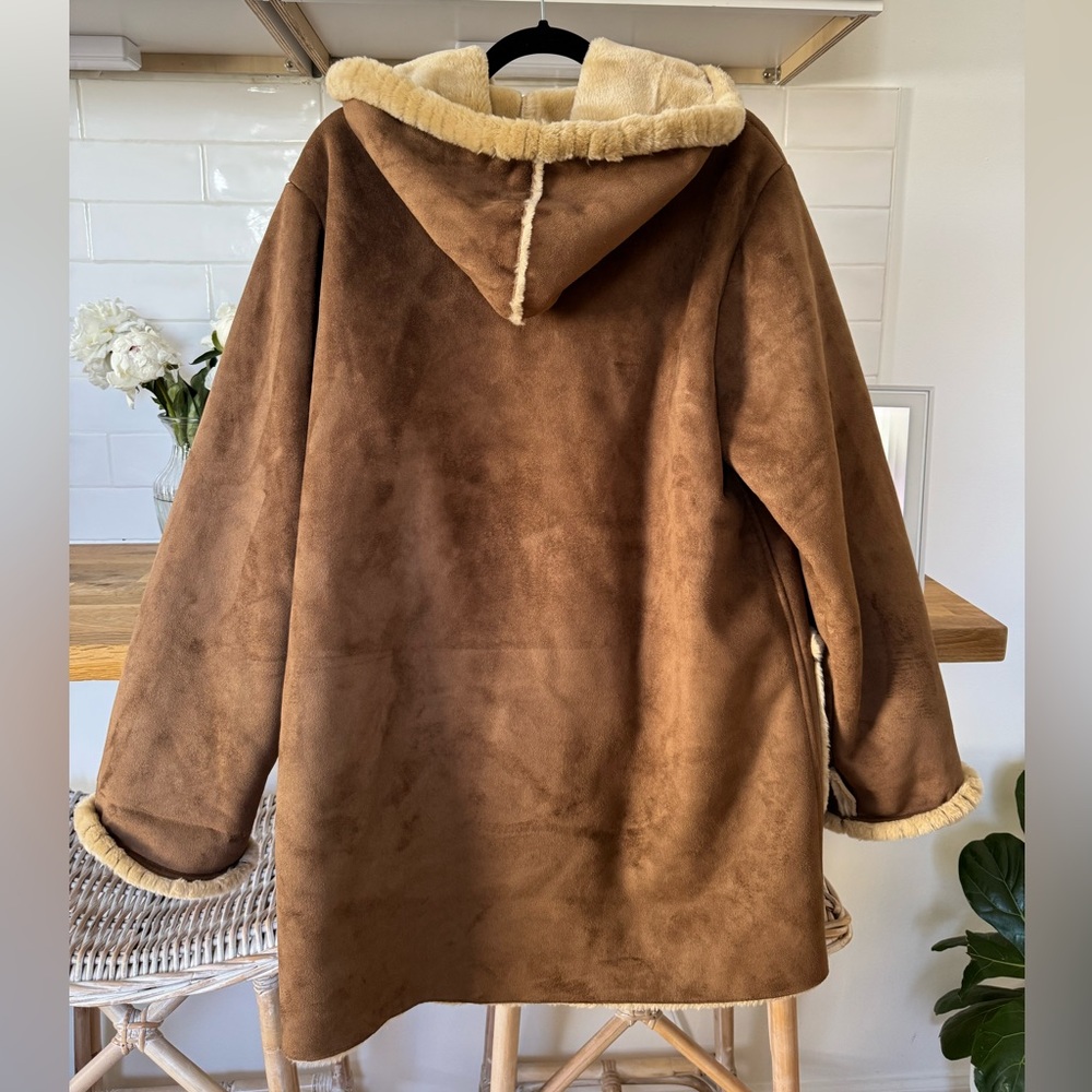 Jones New York Brown Faux Fur Suede Coat w Hood Medium - Picture 3 of 6